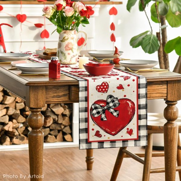 Buffalo Plaid Red Heart Bow Tie Valentine's Day Table Runner Seasonal Kitchen