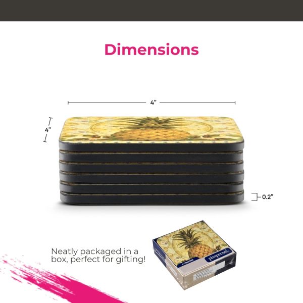 4" Golden Pineapple Coaster Collection Set of 6 – Cork-Backed Boards with