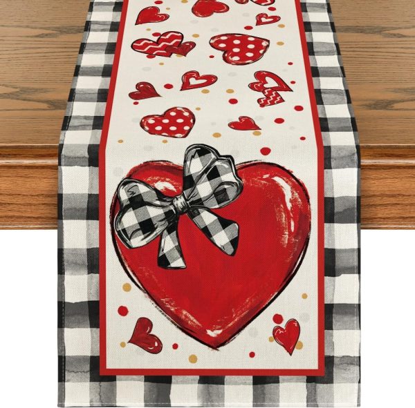 Buffalo Plaid Red Heart Bow Tie Valentine's Day Table Runner Seasonal Kitchen