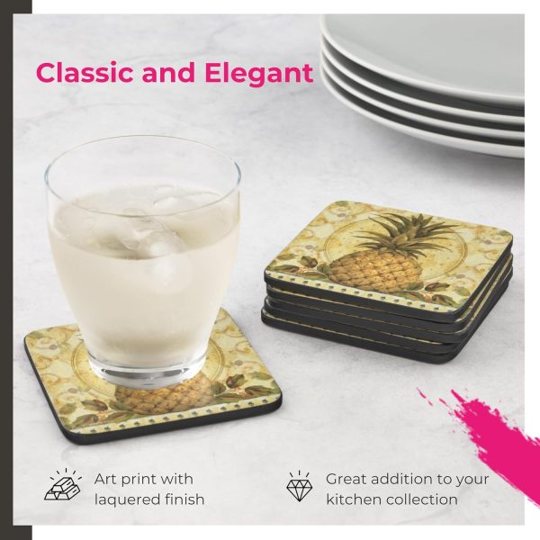 4" Golden Pineapple Coaster Collection Set of 6 – Cork-Backed Boards with
