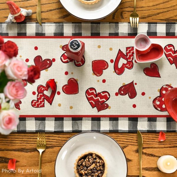 Buffalo Plaid Red Heart Bow Tie Valentine's Day Table Runner Seasonal Kitchen