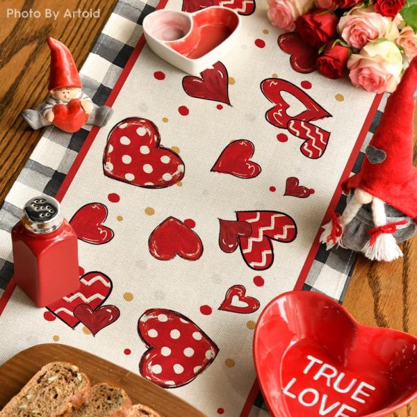 Buffalo Plaid Red Heart Bow Tie Valentine's Day Table Runner Seasonal Kitchen