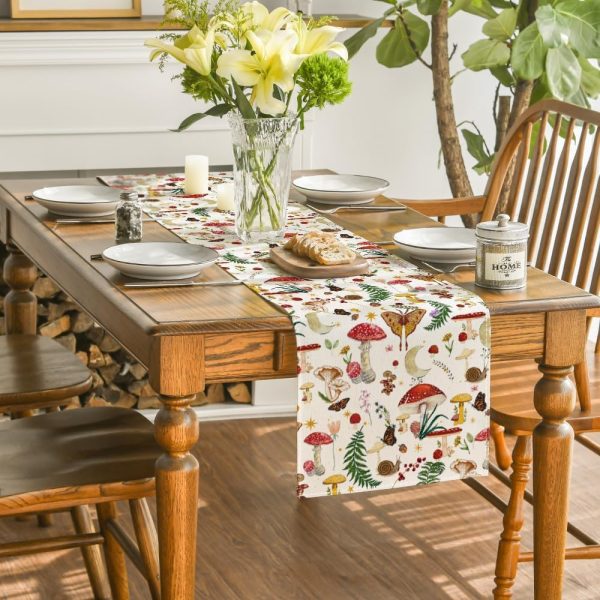 Black Modern Mushroom Fall Table Runner Seasonal Botanic Farmhouse Kitchen Dining Table