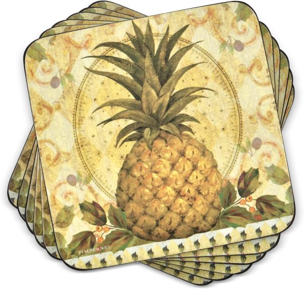 4" Golden Pineapple Coaster Collection Set of 6 – Cork-Backed Boards with