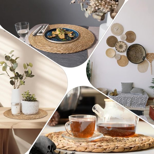 Set of 4 13.8" Natural Water Hyacinth Round Rattan Placemats with Wooden