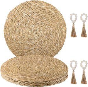 Set of 4 13.8" Natural Water Hyacinth Round Rattan Placemats with Wooden