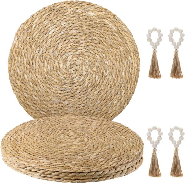 Set of 4 13.8" Natural Water Hyacinth Round Rattan Placemats with Wooden