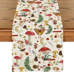 Black Modern Mushroom Fall Table Runner Seasonal Botanic Farmhouse Kitchen Dining Table