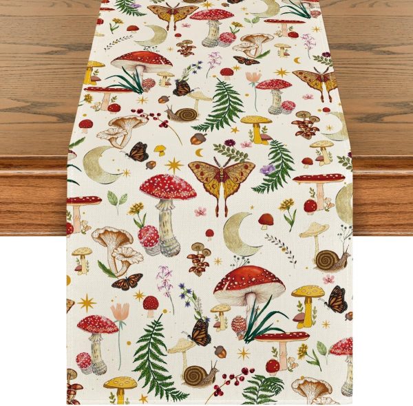 Black Modern Mushroom Fall Table Runner Seasonal Botanic Farmhouse Kitchen Dining Table